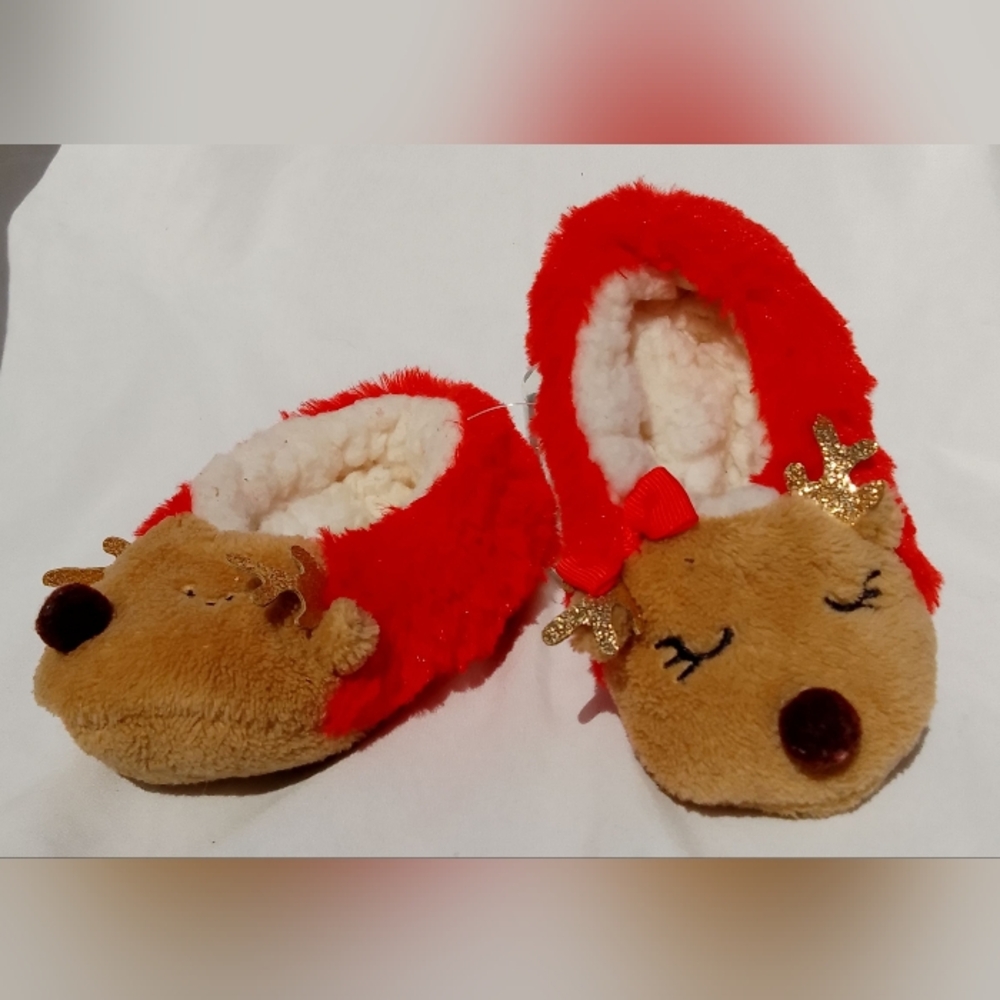 NWOT Sherpa Lined Reindeer Red & Brown  Little Girls  Bedroom Slippers Sz 4